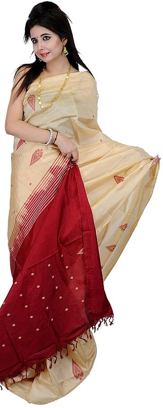 Beige and Red Sari from Tamil Nadu with Large Woven Bootis in Golden Thread