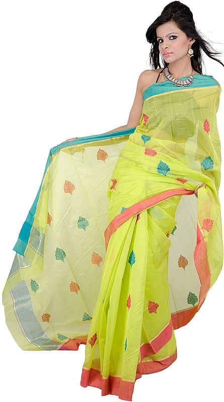 Lime Punch-Green Chanderi Saree from Madya Pradesh with Hand Woven Bootis