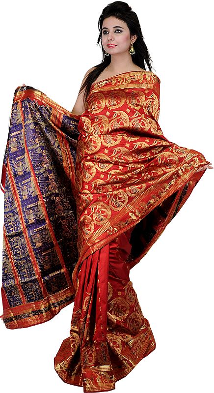 Garnet-Red Baluchari Bridal Sari Depicting Mythological Episodes from Ramayana