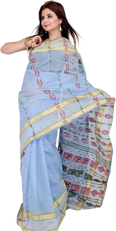 Placid-Blue Tant Sari from Kolkata with Hand-Woven Floral Leaves