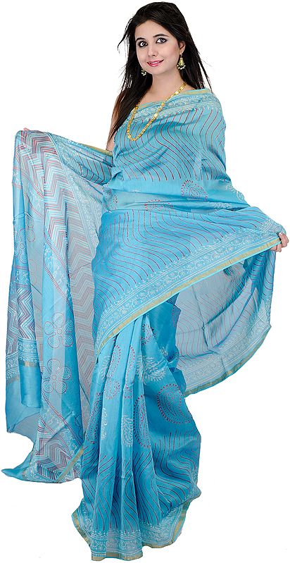 Cendre-Blue Chanderi Sari from Madhya Pradesh with Leheria Print