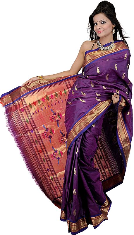 Pansy-Purple Paithani Sari with Hand-woven Peacocks on Anchal in Zari Thread