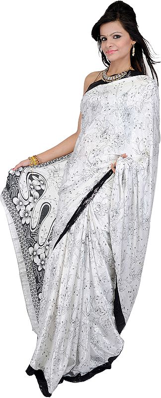 Ivory and Black Mokaish Sari with Printed Flowers and Sequins Work