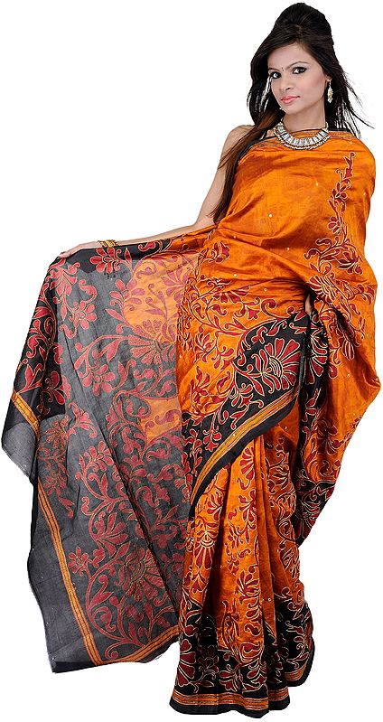Flame-Orange and Black Sari from Kolkata with Metallic Thread Embroidered Flowers