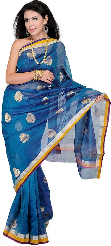 Stellar-Blue Chanderi Sari with Hand-Woven Bootis in Golden Thread