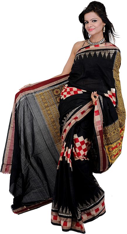 Black Sambhalpuri Sari from Orissa with Ikat Weave and Temple Border