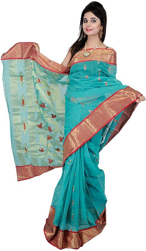 Bright Aqua-Green Tant Sari from Bengal with Woven Bootis in Golden Thread