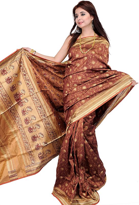 Copper-Brown Banarasi Sari with Hand Woven Flowers and Brocaded Aanchal