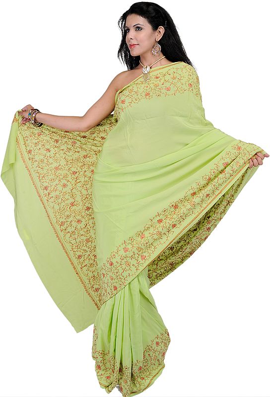 Sap-Green Sozni Sari from Kashmir with Hand Embroidered Maple Leaves