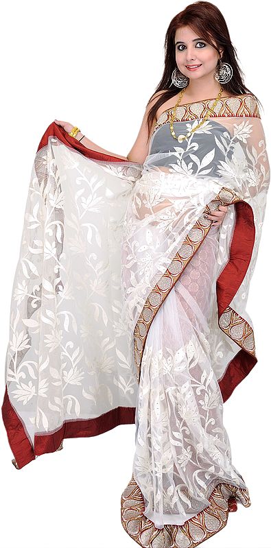Ivory and Red Wedding Sari with All-Over Embroidery in Self Color Thread