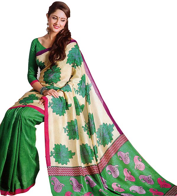 Beige and Green Sari with Large Printed Flowers and Paisleys