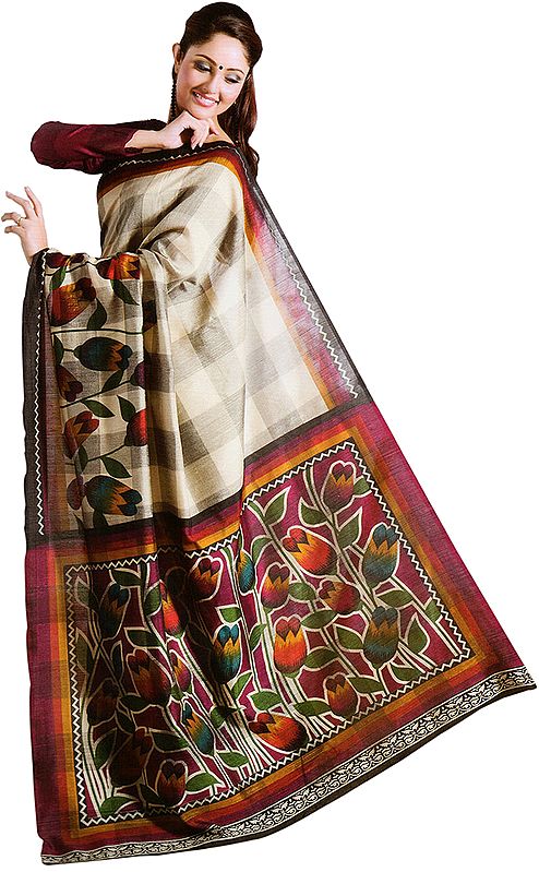 Beige Sari with Printed Tulips on Aanchal