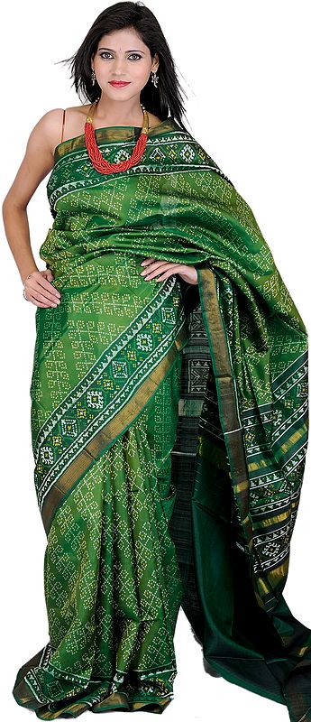Artichoke-Green Gujarati Patan Patola Sari with Ikat Weave