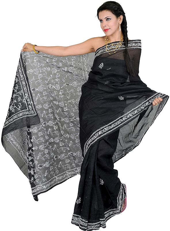 Black Sari with Lukhnavi Chikan Embroidery in White Thread