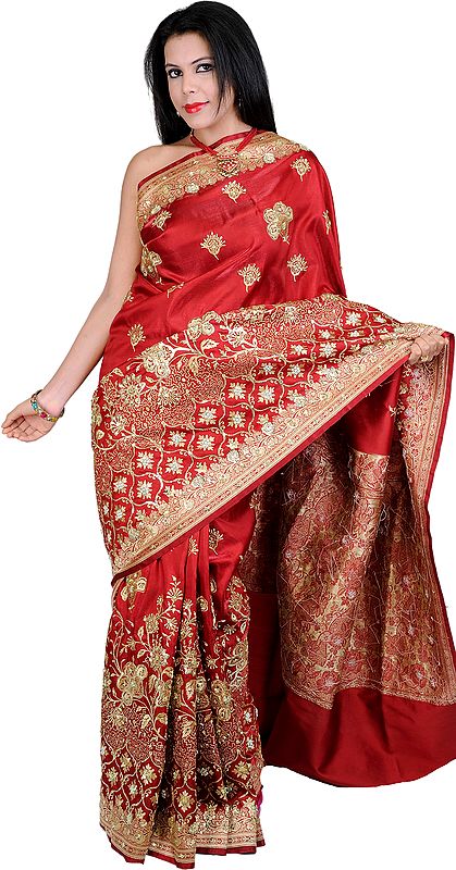 Lipstick-Red Banarasi Satin Sari with Hand-Embroidered Beads and Sequins