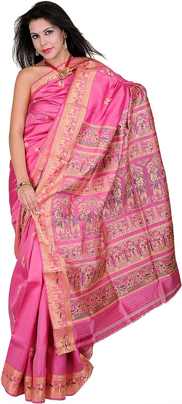 Carmine-Pink Hand-woven Baluchari Sari from Bengal with Mythological Episodes