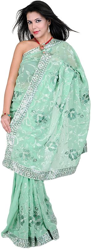 Hemlock-Green Sari with All-Over Embroidered Flowers and Patch Border
