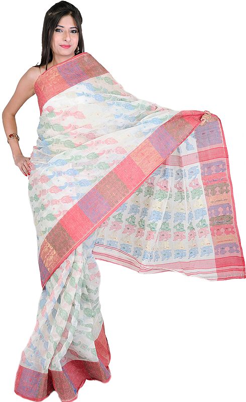 White Tant Sari from Bengal with Paisleys Woven in Tri-Color