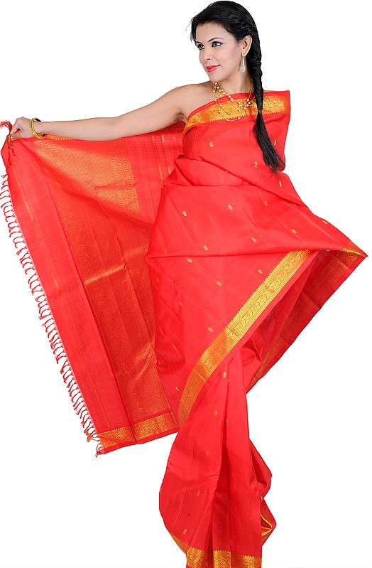 Poppy-Red Kanjivaram Sari from Tamil Nadu with Brocaded Border and Bootis