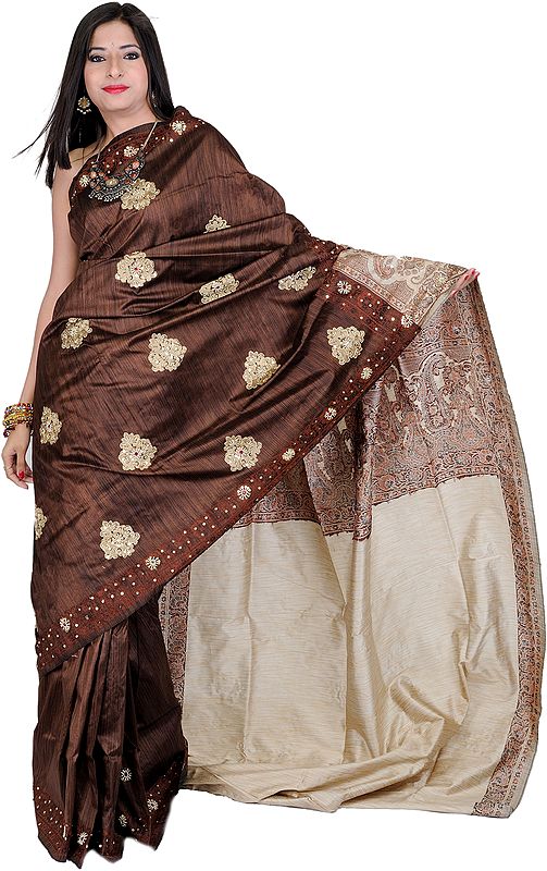 Coffee-Brown Banarasi Sari with Beaded Bootis and Thread Weave on Anchal