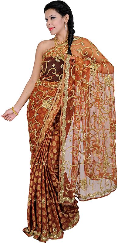 Copper-Brown Bridal Sari with Zardozi Embroidery by Hand and Brocade Weave