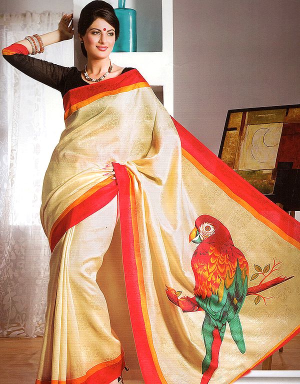 Beige Sari with Self Weave and Printed Parrot on Anchal