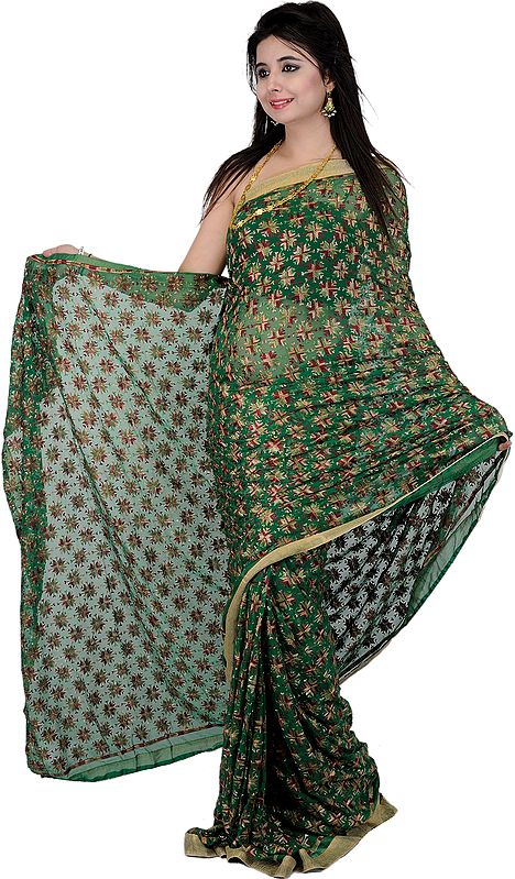 Verdant-Green Phulkari Sari from Punjab with All-Over Embroidery