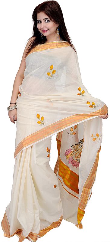 Ivory Kasavu Sari from Kerala with Embroidered Krishna on Anchal