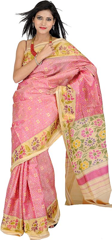 Confetti-Pink Gujarati Patan Patola Sari with Ikat Weave