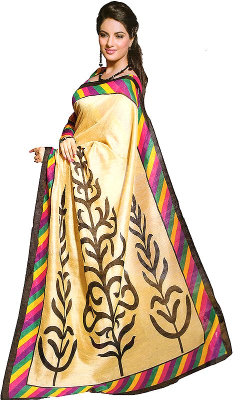 Beige Sari from Surat with Self Weave and Printed Aanchal