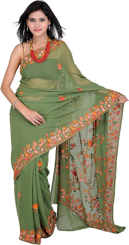Elm-Green Sari from Kashmir with Aari Embroidered Flowers