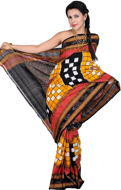 Black and Citrus-Yellow Sambhalpuri Sari from Orissa with Woven Checks and Ikat Weave