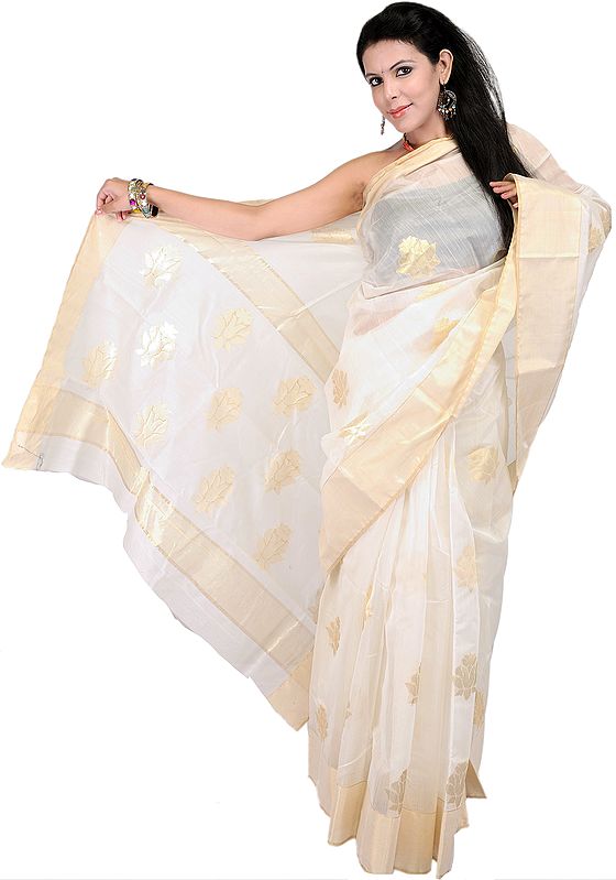 Ivory Chanderi Sari with Hand-Woven Bootis in Golden Thread