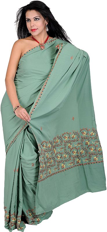 Feldspar-Green Sari from Kashmir with Needle Stitch Embroidery by Hand