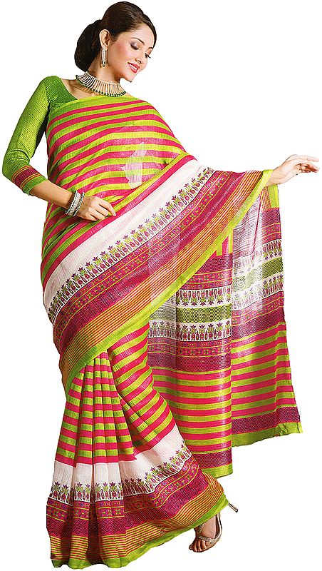 Jasmine-Green and Fuchsia Sari with Printed Stripes