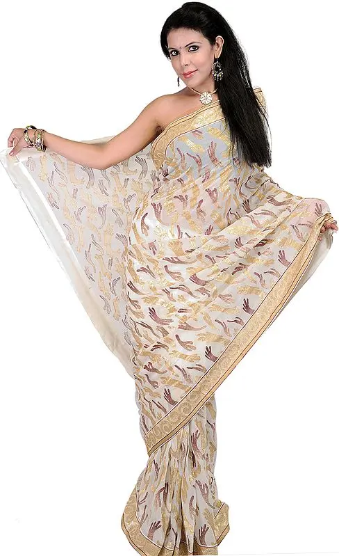 Ivory Designer Sari with Metallic Thread Embroidered Sequins