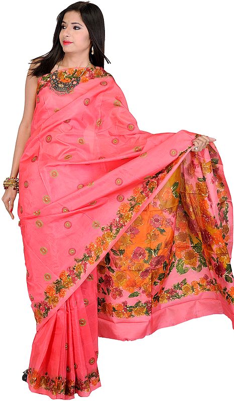 Strawberry-Pink Sari with Printed Flowers on Aanchal