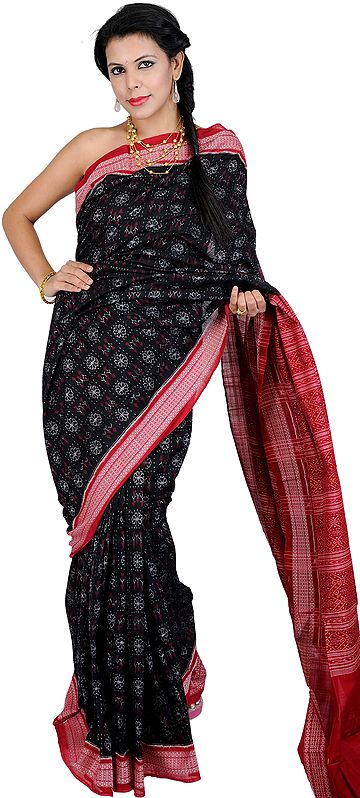 Black Sari from Sambhalpur with Ikat Weave and Rudraksha Border