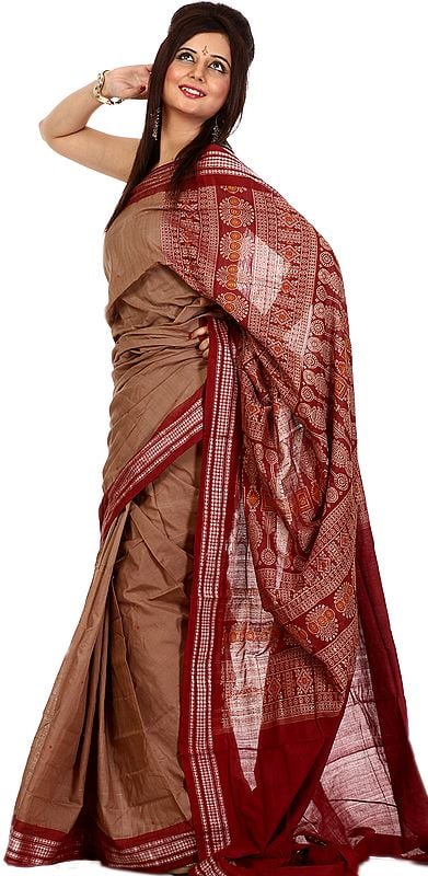 Plain Silver-Mink Bomkai Sari from Orissa with Hand Woven Boootis and Rudraksha Border