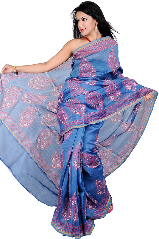 Riviera-Blue Chanderi Sari with Block Printed Paisleys and Golden Border