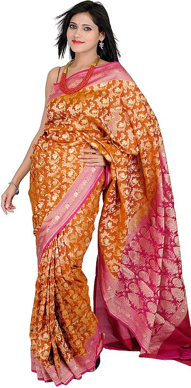Camel-Brown Banarasi Saree with Woven Flowers in Golden Thread All-Over
