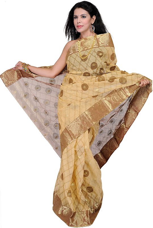 Beige Tant Sari from Kolkata with Golden Thread Weave on Border and Aanchal