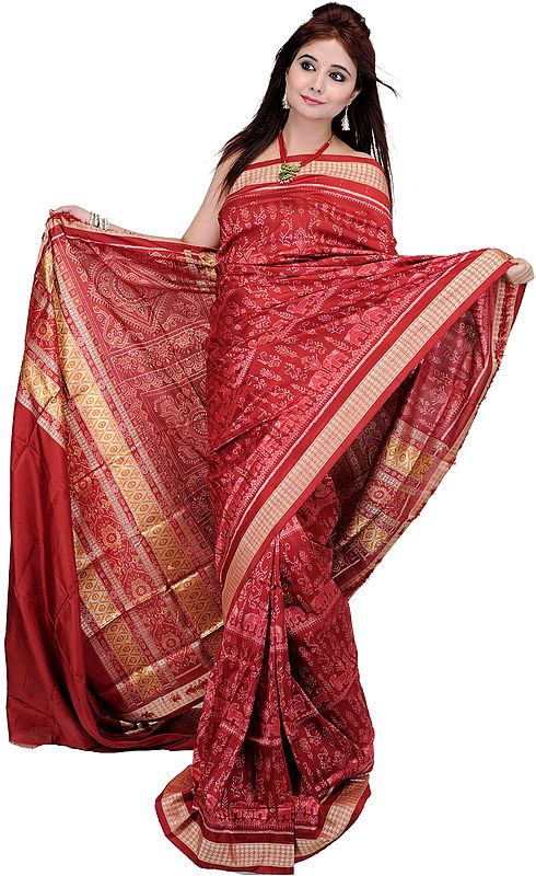 Crimson-Red Sambhalpuri Sari with Ikat Weave by Hand