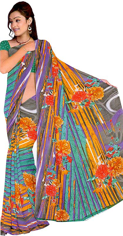 Multi-Color Sari from Suratwith Large Printed Flowers