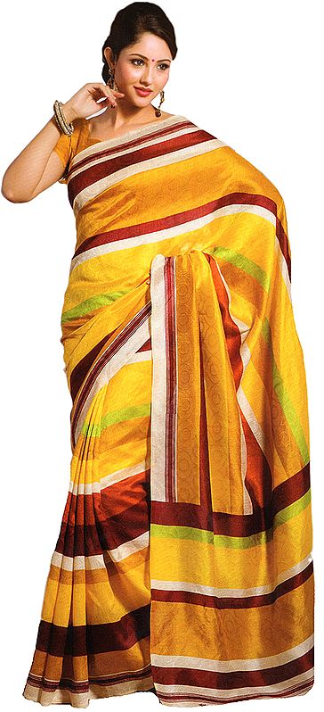 Daffodil-Yellow Sari from Gujarat with Self Weave and Striped Aanchal