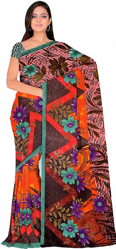 Multi-Color Sari with Printed Flowers and Embroidered Beads
