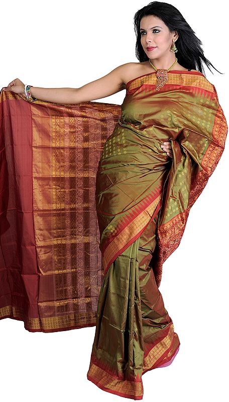Burnished-Gold Ikat Sari Hand-Woven in Sambhalpuri with Tissue Anchal