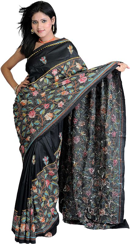 Black Sari from Bengal with Kantha Stitched Embroidered Flowers