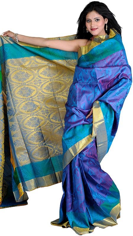 Gentian-Blue Kanjivaram Sari with Golden Thread Weave on Border and Aanchal