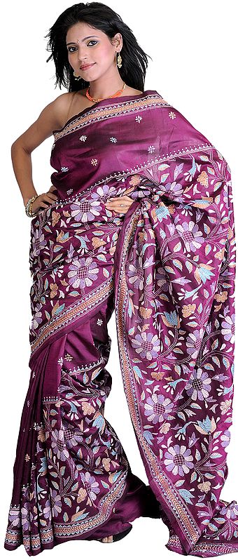 Boysenberry-Purple Sari with Kantha Stitched Embroidered Flowers All-Over